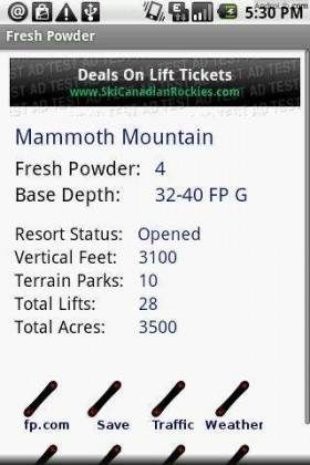 android_apps_games-snow-report-fresh-powder Get your Mammoth mountain tickets for free with this convenient smartphone app! Capture a screenshot of the ticket on your phone and hit the slopes for an incredible winter sports adventure.