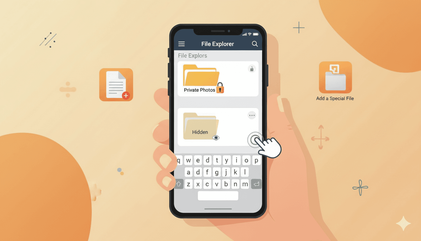 Hand holding phone showing a file explorer app with private and hidden folders, perfect for those who want Enhanced Privacy or need to Hide Folders on Android.