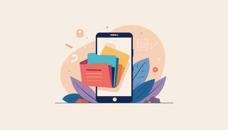 A smartphone displays colorful folders, showing How To Make Folders On Android, surrounded by abstract leaves and icons on a beige background.