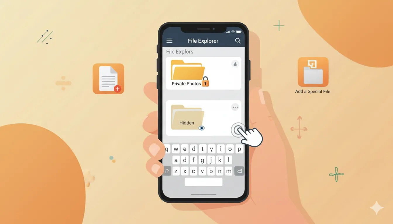 Hand holding phone showing a file explorer app with private and hidden folders, perfect for those who want Enhanced Privacy or need to Hide Folders on Android.