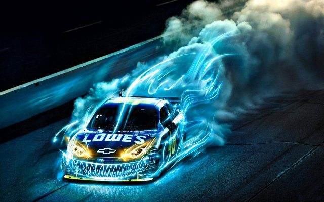 An Android racing game featuring a NASCAR car with smoke billowing from its exhaust.