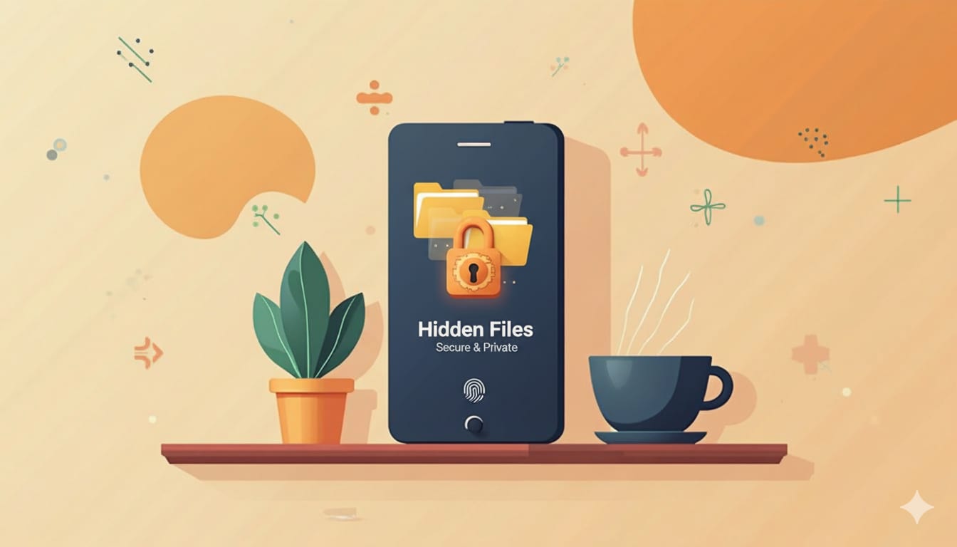 A smartphone displays "Hidden Files" with a lock icon, showcasing enhanced privacy, beside a potted plant and a coffee cup on a shelf.