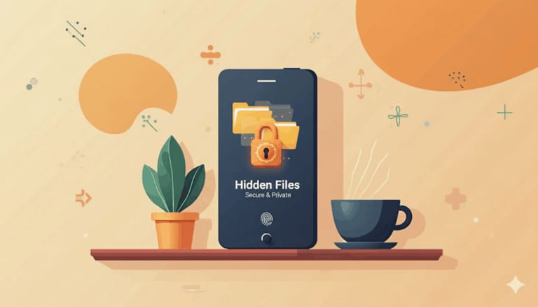 A smartphone displays "Hidden Files" with lock icons, illustrating how to hide folders on Android, next to a plant and cup on a shelf in a warm setting.